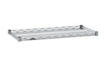 The Metro HDM1436NC Super Erecta Drop Mat Wire Display Shelf features a chrome grid design, rectangular shape, and raised edges, measuring 14 x 36, all elegantly showcased on a plain white background.