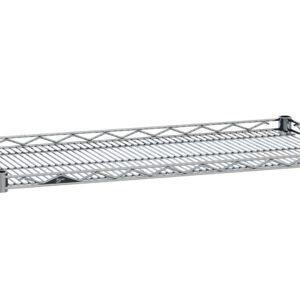The Metro HDM1436NC Super Erecta Drop Mat Wire Display Shelf features a chrome grid design, rectangular shape, and raised edges, measuring 14 x 36, all elegantly showcased on a plain white background.