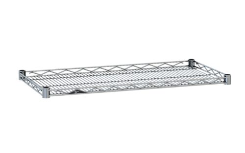 The Metro HDM1436NC Super Erecta Drop Mat Wire Display Shelf features a chrome grid design, rectangular shape, and raised edges, measuring 14 x 36, all elegantly showcased on a plain white background.