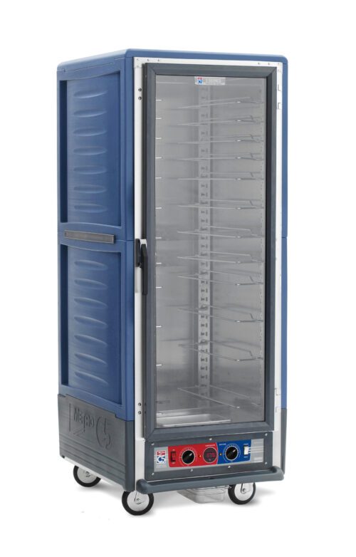 The Metro C539-CLFC-U-BUA C5 3 Series Cabinet features a full-height, clear door design in blue with universal wire slides. It runs on 120V power and has control knobs and a temperature display conveniently at the bottom front for easy access.