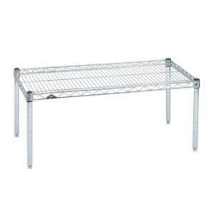 The Metro P1824NS Super Erecta Standard-Duty Dunnage Platform is a stainless steel unit with an 18 x 24 chrome wire shelf, featuring four adjustable legs and a rectangular grid surface, ideal for storage or organizational needs.