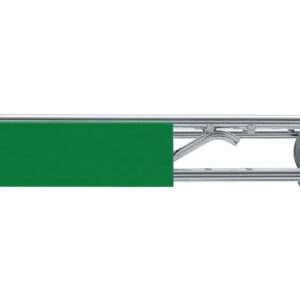 A close-up of a green metal gate, matching the hue of a 6 x 1.25 Metro CSM6-G Super Erecta Color Shelf Marker, is horizontally affixed to a silver post via a lever mechanism.