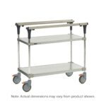 The Metro MS1824-FGFG PrepMate MultiStation 24 Prep Station features solid galvanized top and bottom shelves supported by chrome posts. It includes two-tier shelving, four swiveling wheels with orange brake levers, and note that actual dimensions may vary from product shown.
