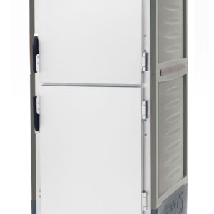 The gray Metro C539-HDS-4-GYA C5 3 Series Insulated Holding Cabinet is full-height with a tall, rectangular design, featuring Dutch solid doors with side handles for mobility, fixed wire slides, a bottom front digital control panel, and four wheels. It operates at 120V, 60Hz, and 2000W.