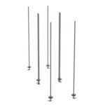 Six tall, thin poles with round bases and adjustable clamps stand vertically on a white backdrop, echoing the sturdy yet sleek design of the Metro LBTAK4 qwikTRAK Double Deep Stationary Intermediate Unit Kit for Super Erecta Wire Shelving, Metroseal Gray Epoxy.