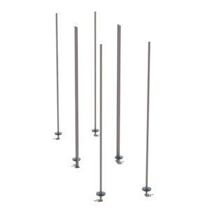 Six tall, thin poles with round bases and adjustable clamps stand vertically on a white backdrop, echoing the sturdy yet sleek design of the Metro LBTAK4 qwikTRAK Double Deep Stationary Intermediate Unit Kit for Super Erecta Wire Shelving, Metroseal Gray Epoxy.