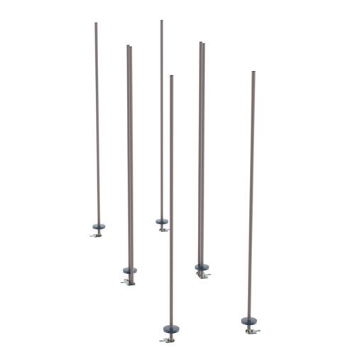Six tall, thin poles with round bases and adjustable clamps stand vertically on a white backdrop, echoing the sturdy yet sleek design of the Metro LBTAK4 qwikTRAK Double Deep Stationary Intermediate Unit Kit for Super Erecta Wire Shelving, Metroseal Gray Epoxy.