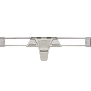 The Metro MXL24-2S Stackable Shelf Ledge for MetroMax i Shelving, measuring 24 L x 2 H, integrates a grey industrial design with two rectangular ends linked by metal rods and a central triangular support.