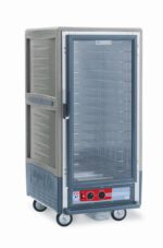 The Metro C537-HXFC-4-GY C5 3 Series Insulated Holding Cabinet in gray features a full-length clear door, fixed wire slides, and bottom-mounted temperature control knobs. With its 3/4 height design and wheels for mobility, it offers functionality and convenience at 220-240V, 50/60Hz, 1681-2000W.