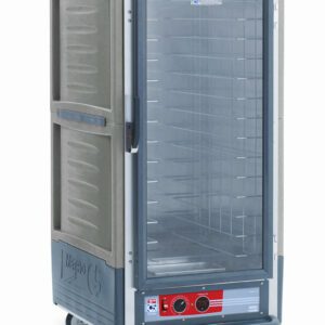 The Metro C537-HXFC-4-GY C5 3 Series Insulated Holding Cabinet in gray features a full-length clear door, fixed wire slides, and bottom-mounted temperature control knobs. With its 3/4 height design and wheels for mobility, it offers functionality and convenience at 220-240V, 50/60Hz, 1681-2000W.