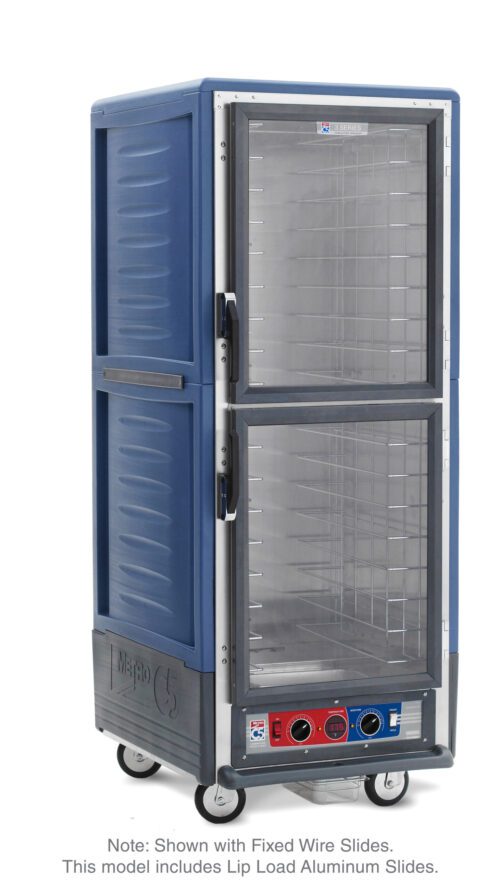 The Metro C539-CDC-L-BU C5 3 Series Cabinet is a full-height, blue unit with Dutch clear doors and lip load aluminum slides. Operating at 120V, 60Hz, and 2000W, it features wheels for mobility and control knobs at the bottom front.