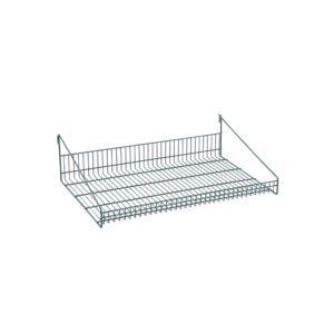 The Metro GS1830K3 SmartWall Grid Shelf, sized 18 x 30, features a grid surface and raised edges on three sides. Coated in Metroseal Green Epoxy, its ideal for wall mounting or organizing against a white backdrop.