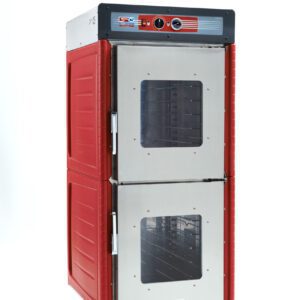 The Metro C549X-ASDC-U C5 4 Series is a full-height insulated holding cabinet featuring Dutch Clear Doors, Universal Wire Slides, and operates on 220-240V. It has a stainless steel front, red sides, glass doors with top control knobs, and caster wheels for mobility.