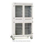 The Metro SXRD76MXD3 Starsys XD Extra Deep Mobile Supply Cabinet is double wide, mobile, and features clear doors with code locking. It includes multiple metal shelves inside. Note: Code locking version shown.