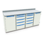 The Metro SXR36WC15 Starsys Stationary Workcenter is a sleek, white modular cabinet with a grey countertop, multiple drawers with blue handles, and vertical cabinets at each end, ideal for professional or medical settings.