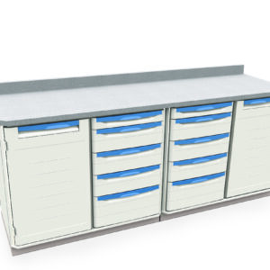 The Metro SXR36WC15 Starsys Stationary Workcenter is a sleek, white modular cabinet with a grey countertop, multiple drawers with blue handles, and vertical cabinets at each end, ideal for professional or medical settings.