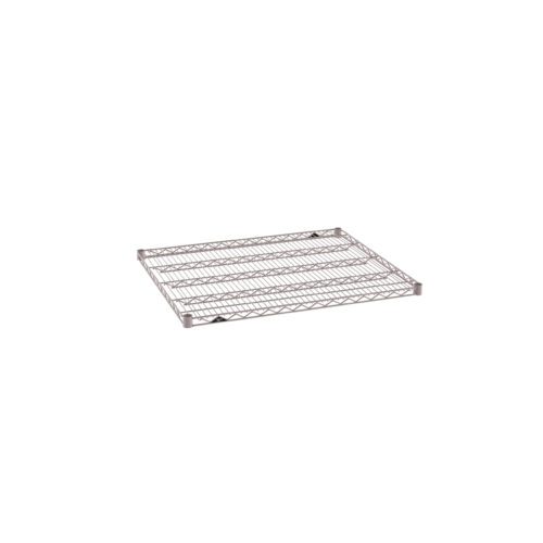 The Metro Super Erecta 3036NK4 Industrial Wire Shelf, measuring 30 x 36, is shown from above on a white background. It has a narrow grid, metallic finish, and four support beams coated in durable Metroseal Gray Epoxy for lasting protection.