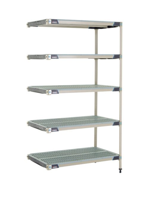 The MetroMax i 5AX547GX3 add-on unit is a 24 x 42 x 74 industrial shelf with five adjustable, ventilated shelves in gray. This free-standing unit is open on all sides and supported by four vertical posts for versatile storage.