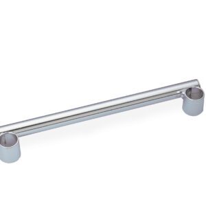 A chrome/silver stainless steel handle with dual cylindrical mounts is designed for surface attachment, ideally suited as the Metro PH14NS Push Handle for 14 Wide Super Erecta Industrial Wire Shelving, shown on a white background.