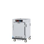 The Metro C595X-SFS-L C5 9 Series is a mobile, half-height food warming cabinet on wheels with a digital control panel, full-length solid door with handle, aluminum slides, and safety labels. It operates at 220-240V and 1681-2000W for optimal performance at 50/60Hz.