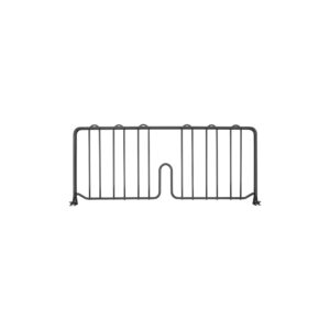 The Metro DD21BL Super Erecta 8 High Shelf Divider for Wire Shelves, Black, 21, features vertical bars and a central curved design ideal for organizing dishes or files while providing a minimalistic and functional look.