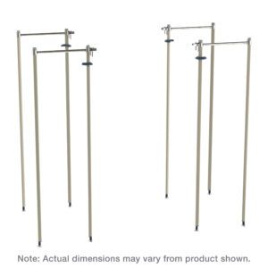The Metro MQTTE21 Top-Track Kit includes four epoxy-coated steel posts with adjustable clamps, arranged in two pairs. Each post stands on a round black stabilizer base. Note: Actual dimensions may vary. Ideal for 21 Wide MetroMax Shelving.