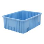 The Metro TB93080BAS Static Dissipative Polypropylene Tote in blue (22.5 x 17.5 x 8) is perfect for organizing various items. Its large, rectangular design with ribbed sides, an open top, and rounded edges enhances accessibility for efficient storage solutions.