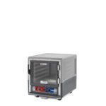 A Metro C533-MFC-L-GY C5 3 Series gray wheeled undercounter insulated moisture heated holding/proofing cabinet with a full-length clear door and adjustable knobs sits isolated on a white background. It features a lip load aluminum design and is compatible with 120V.