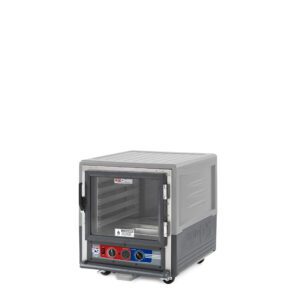 A Metro C533-MFC-L-GY C5 3 Series gray wheeled undercounter insulated moisture heated holding/proofing cabinet with a full-length clear door and adjustable knobs sits isolated on a white background. It features a lip load aluminum design and is compatible with 120V.