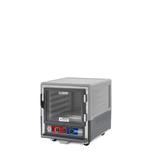 A Metro C533-MFC-L-GY C5 3 Series gray wheeled undercounter insulated moisture heated holding/proofing cabinet with a full-length clear door and adjustable knobs sits isolated on a white background. It features a lip load aluminum design and is compatible with 120V.