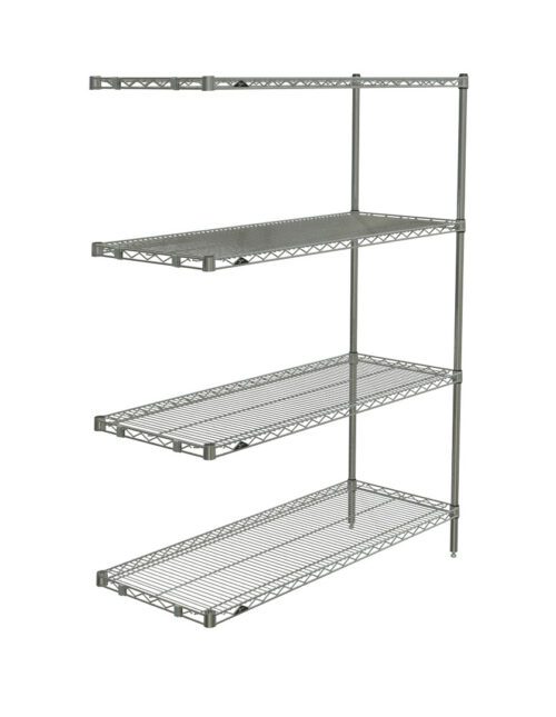 The Metro AN356BR Super Erecta 4-Shelf Add-On Unit, 18 x 48 x 63, offers ventilation and visibility with its Brite wireframe design. It features four vertically stackable, adjustable shelves, making it a minimalist and utilitarian storage or organization solution.
