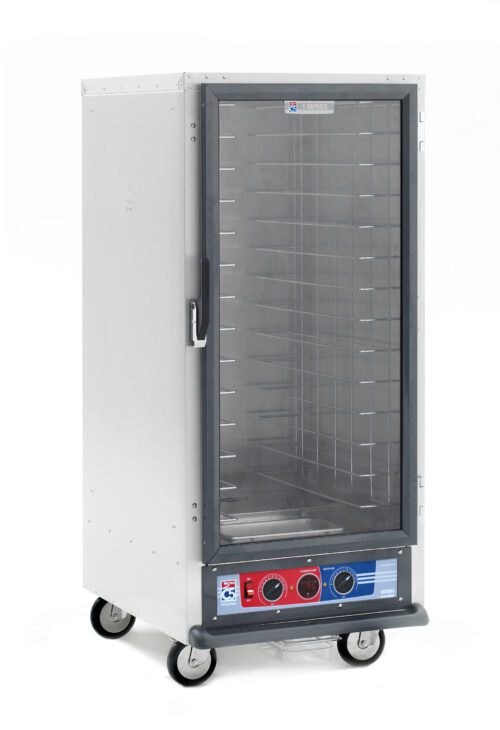 The Metro C517-PFC-4A C5 1 Series Proofing Cabinet is a 3/4 height stainless steel unit with wheels, featuring a glass door, multiple shelves on fixed wire slides, and a base with control knobs and temperature display; it operates efficiently on 120V and 60Hz power.