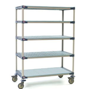 The MetroMax 4 5X357PG4 is an industrial plastic shelving cart with gray posts and caster wheels, measuring 18 x 48 x 79.3125. It features five shelves, including a solid bottom shelf, offering easy mobility and storage. Note that dimensions may vary.