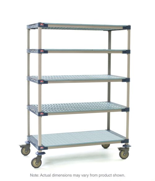 The MetroMax 4 5X357PG4 is an industrial plastic shelving cart with gray posts and caster wheels, measuring 18 x 48 x 79.3125. It features five shelves, including a solid bottom shelf, offering easy mobility and storage. Note that dimensions may vary.