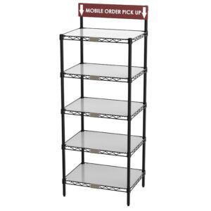 The black metal Metro CR1824TGSR Mobile Order Pickup Wire Shelving Workstation, featuring five tiers with white surfaces and a red sign reading Mobile Order Pick Up in white text with downward arrows, has empty 18 x 24 x 63 shelves.
