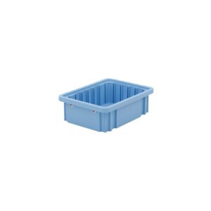 The Metro TB91035BAS Static Dissipative Polypropylene Tote is a blue, rectangular plastic storage bin with ribbed sides, measuring 8.25 x 10.875 x 3.5, shown empty against a white background.