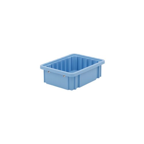 ecmv8vgw7aqpij9xe4wtru0se5cqds9x.jpg The Metro TB91035BAS Static Dissipative Polypropylene Tote is a blue, rectangular plastic storage bin with ribbed sides, measuring 8.25 x 10.875 x 3.5, shown empty against a white background.