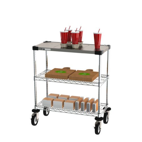 The Metro CR1430DTOSC Drive-Thru Order Staging Cart has three shelves: the top holds four red cups with straws, the middle is stacked with pizza boxes, and smaller boxes are below. Its designed for easy mobility with four sturdy wheels.