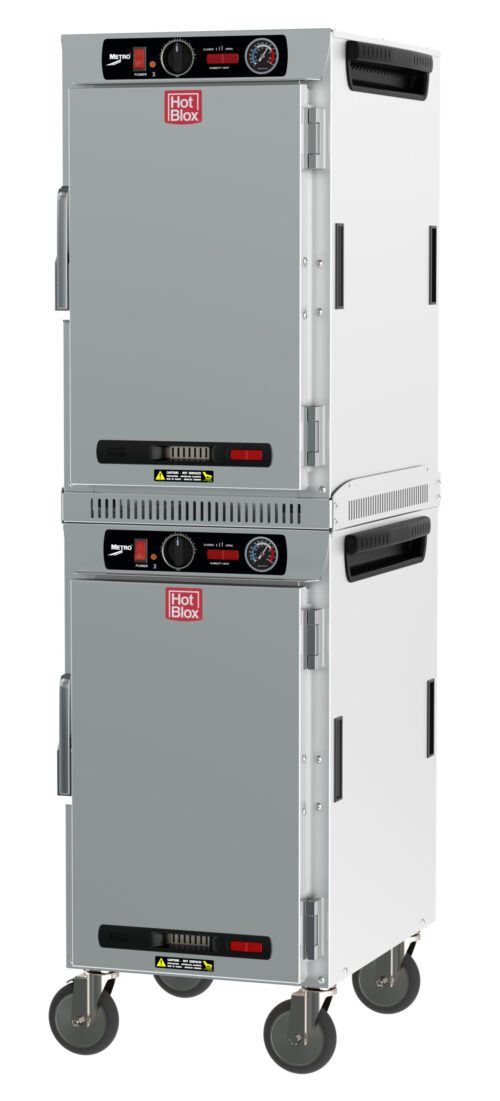 edg9fg5p9okivbxnmp5i5utqzgsls7bk.jpg The Metro HBCN16-AS-M is a stainless steel, dual-cavity 16-pan insulated mobile cabinet with solid doors and an analog controller. It features temperature gauges, brand labels, and casters for easy mobility, operating at (2X) 120V, 60Hz, 875W with a NEMA 5-15P plug.