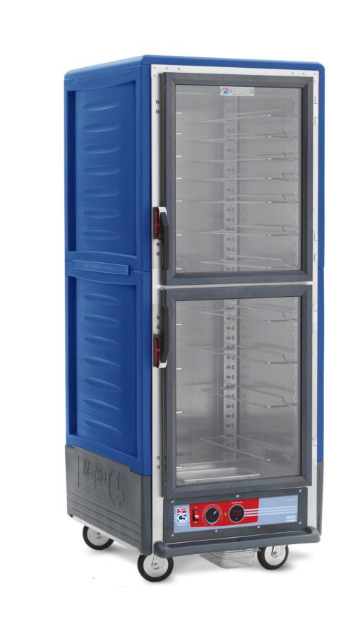 The Metro C539-HLDC-U-BU C5 3 Series Insulated Holding Cabinet is a full-height blue cabinet with Dutch clear doors, universal wire slides, and wheels for easy mobility. It efficiently operates at 60Hz and 1440W, perfect for storage needs.