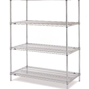 The Metro N316C Super Erecta 4-Shelf Industrial Wire Shelving Starter Unit, Chrome, measures 18 x 24 x 63, offering a robust design with four adjustable tiers and feet for optimal storage. Note: Actual dimensions may vary.