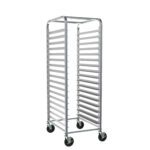 The Metro RT1334N End-Load Knock Down Pan Rack, measuring 20.375 x 28 x 64.125, has a spacious, open-sided rectangular frame with multiple shelves for trays, 1.5 slide spacing, four caster wheels for easy mobility, and is constructed from metal.
