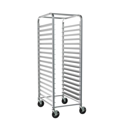 The Metro RT1334N End-Load Knock Down Pan Rack, measuring 20.375 x 28 x 64.125, has a spacious, open-sided rectangular frame with multiple shelves for trays, 1.5 slide spacing, four caster wheels for easy mobility, and is constructed from metal.