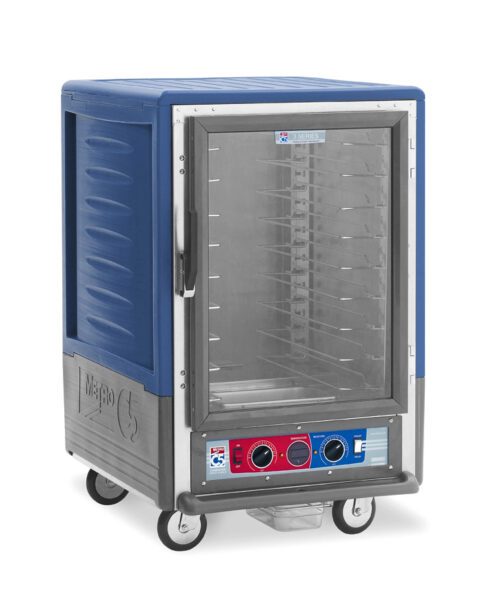 The Metro C535-CXFC-U-BU is a blue 1/2 height mobile heated cabinet with a full-length clear door, universal wire slides, control knobs at the bottom, and operates on 220-240V, 50/60Hz. It has four wheels for easy mobility.