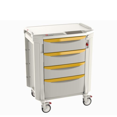 eg6rvrk4cih8745sntu9xc3sfp15baur.jpg Discover the Metro FLISO4 Flexline Isolation Cart, a mobile white medical cart with a flat top, four yellow-accented drawers, wheels for easy movement, a convenient side push handle, and a secure lock on the top drawer.