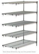 The Metro Super Adjustable Super Erecta 5AA477C add-on unit features a sleek silver finish and five chrome wire shelves, each supported by sturdy vertical rods and cross-bracing. Note: Dimensions are 21 x 72 x 74.