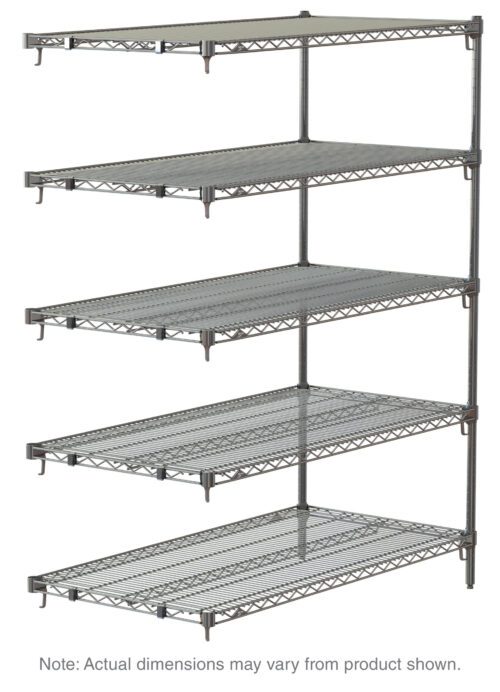 The Metro Super Adjustable Super Erecta 5AA477C add-on unit features a sleek silver finish and five chrome wire shelves, each supported by sturdy vertical rods and cross-bracing. Note: Dimensions are 21 x 72 x 74.