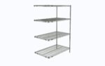 The Metro AN546C Super Erecta 4-Shelf Industrial Wire Shelving Add-On Unit in chrome, measuring 24 x 42 x 63, stands elegantly against a white background with evenly spaced shelves supported by sturdy vertical metal rods.