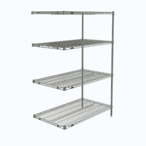 The Metro AN546C Super Erecta 4-Shelf Industrial Wire Shelving Add-On Unit in chrome, measuring 24 x 42 x 63, stands elegantly against a white background with evenly spaced shelves supported by sturdy vertical metal rods.