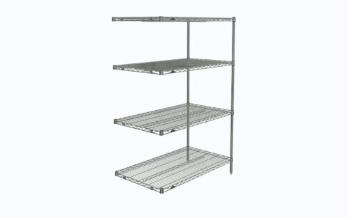 The Metro AN546C Super Erecta 4-Shelf Industrial Wire Shelving Add-On Unit in chrome, measuring 24 x 42 x 63, stands elegantly against a white background with evenly spaced shelves supported by sturdy vertical metal rods.
